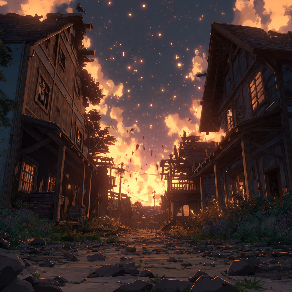 u6774316813 anime ruined village at dusk glowing debris cinem 0f136335 76c3 4aed ac5d 60c51e10e1d8 0